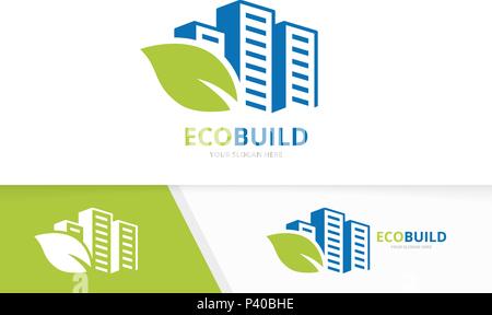 Vector skyscraper and leaf logo combination. House and eco symbol or icon. Unique real estate and organic logotype design template. Stock Vector