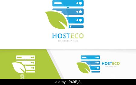 Vector host and leaf logo combination. Server and eco symbol or icon. Unique data and organic logotype design template. Stock Vector