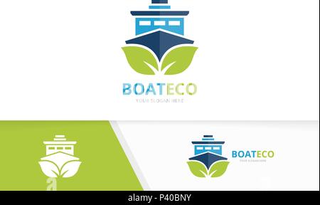 Vector ship and leaf logo combination. Boat and eco symbol or icon. Unique yacht and organic logotype design template. Stock Vector