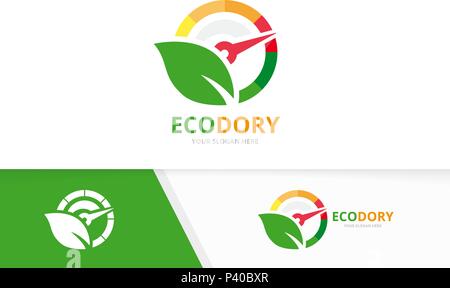 Vector speedometer and leaf logo combination. Tachometer and eco symbol or icon. Unique speedo and organic logotype design template. Stock Vector