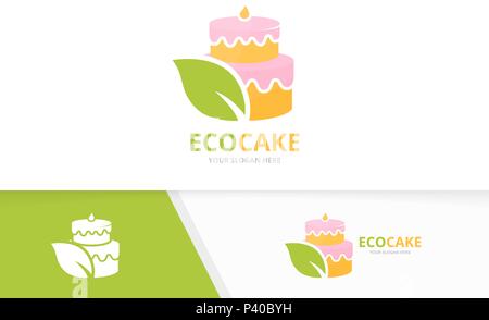 Vector cake and leaf logo combination. Pie and eco symbol or icon. Unique cupcake and organic logotype design template. Stock Vector