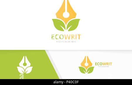 Vector pen and leaf logo combination. Write and eco symbol or icon. Unique law and organic logotype design template. Stock Vector