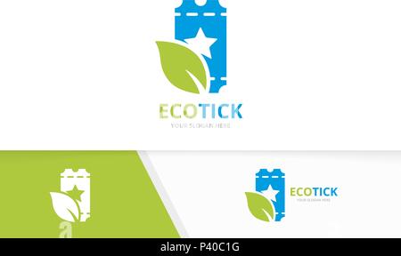 Vector ticket and leaf logo combination. Ducket and eco symbol or icon. Unique card and organic logotype design template. Stock Vector
