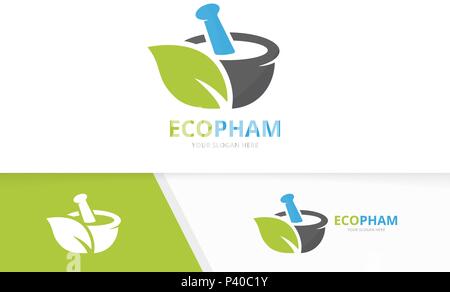 Vector pharmacy and leaf logo combination. Pounder and eco symbol or icon. Unique mortar and pestle logotype design template. Stock Vector