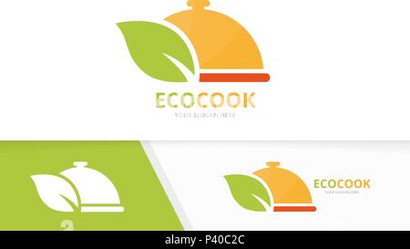 Vector dish and leaf logo combination. Plate and eco symbol or icon. Unique kitchen and organic logotype design template. Stock Vector