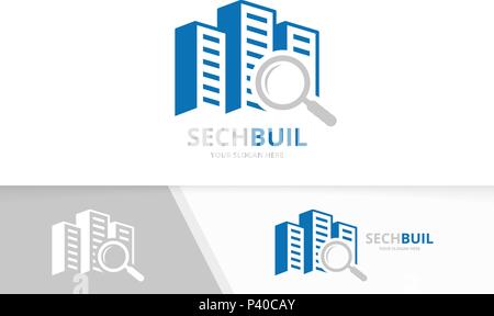 Vector skyscraper and loupe logo combination. House and magnifying symbol or icon. Unique real estate and search logotype design template. Stock Vector