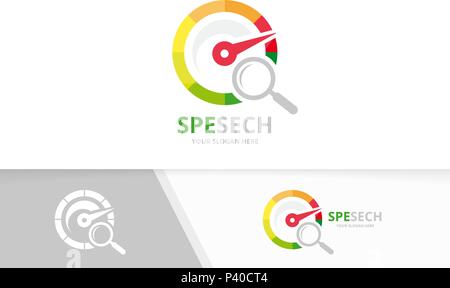 Vector speedometer and loupe logo combination. Tachometer and magnifying symbol or icon. Unique speedo and search logotype design template. Stock Vector