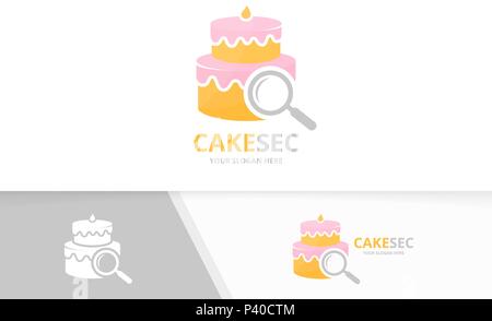 Vector cake and loupe logo combination. Pie and magnifying symbol or icon. Unique cupcake and search logotype design template. Stock Vector