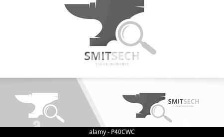 Vector smith and loupe logo combination. Blacksmith and magnifying symbol or icon. Unique metal and search logotype design template. Stock Vector