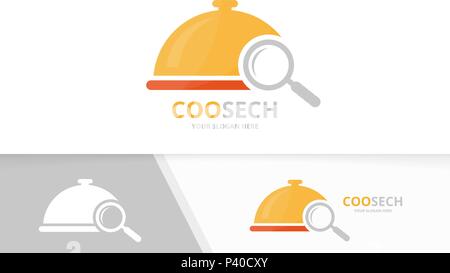 Vector dish and loupe logo combination. Plate and magnifying symbol or icon. Unique kitchen and search logotype design template. Stock Vector