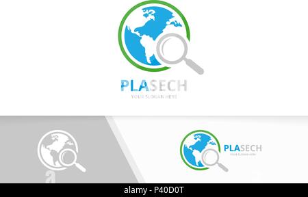 Vector world and loupe logo combination. Earth and magnifying symbol or icon. Unique globe and search logotype design template. Stock Vector