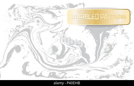 White and gray marble pattern. Light marbling texture. Decorative marbled background with gold banner. Vector illustration. Stock Vector