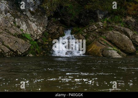 The spring follows a waterfall from the rock and flows into the river on a precipitous river bank Stock Photo
