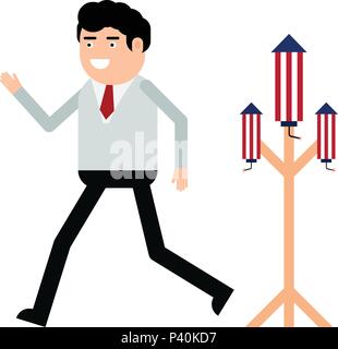 Businessman launching firework rocket isolated on white background Stock Vector