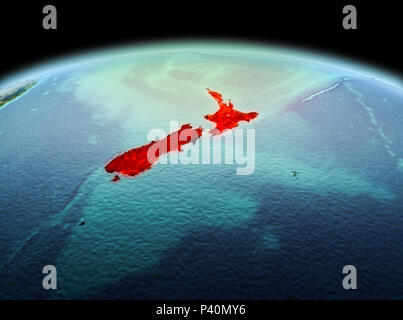 Morning above New Zealand highlighted in red on model of planet Earth in space. 3D illustration. Elements of this image furnished by NASA. Stock Photo