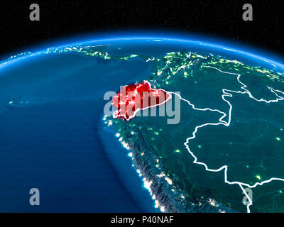 Orbit view of Ecuador highlighted in red with visible borderlines and city lights on planet Earth at night. 3D illustration. Elements of this image fu Stock Photo