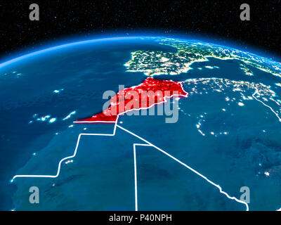 Orbit view of Morocco highlighted in red with visible borderlines and city lights on planet Earth at night. 3D illustration. Elements of this image fu Stock Photo