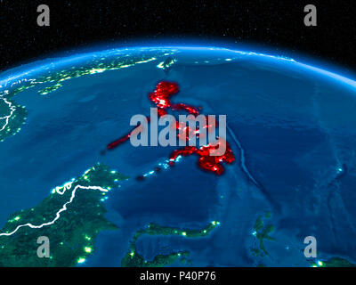 Orbit view of Philippines at night highlighted in red on planet Earth ...