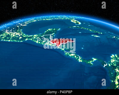 Orbit view of Honduras highlighted in red with visible borderlines and city lights on planet Earth at night. 3D illustration. Elements of this image f Stock Photo