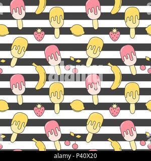 cute summer striped seamless vector pattern background illustration with ice cream, strawberry, lemon, cherry and banana Stock Vector