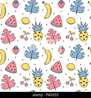 colorful summer seamless vector pattern background illustration with exotic leaves, bananas, pineapples, lemons, watermelon, cherries and strawberries Stock Vector
