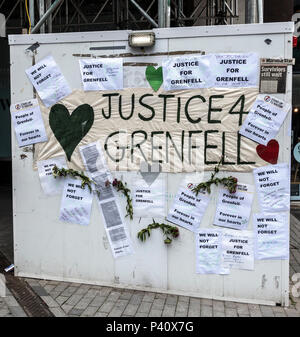 Collage board Justice 4 Grenfell by Stand up to Racism, an arm of the Socialist Workers Party, in Birmingham City Centre, England, UK Stock Photo