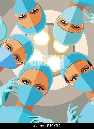Four female surgeons in gloves and masks are looking at you patient Stock Vector