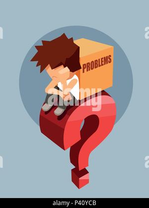 Sad young man sitting on a big red question with box of problems Stock Vector