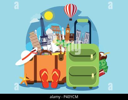 Tourism with famous world landmarks. Vector Illustration. Travel bags and different touristic elements Stock Vector