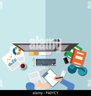 Workplace concept. Businessman sitting at desk in front of desktop, signing documents. Flat design. Stock Vector