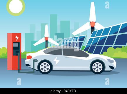 Flat vector of a white electric car charging at station in front of wind turbines and solar panels. City skyline in the background. Stock Vector