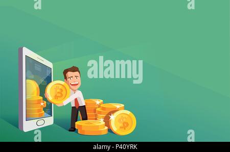Flat modern design concept of crypto currency technology, bitcoin exchange, mobile banking. Businessman pulling out of smartphone bitcoins and dollars Stock Vector