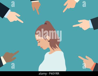 Concept of accusation guilty person. Vector of a sad woman looking down many fingers pointing at her isolated on green background. Stock Vector