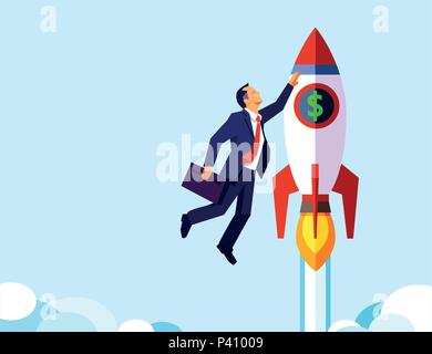 Vector of a businessman flying on a rocket. Stock Vector