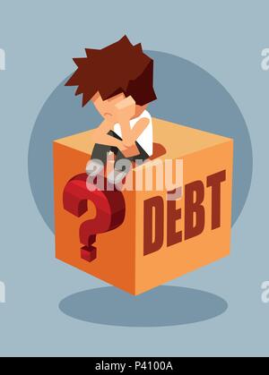 Debt concept. Vector of a sad man sitting on a question box thinking how to pay back borrowed money Stock Vector