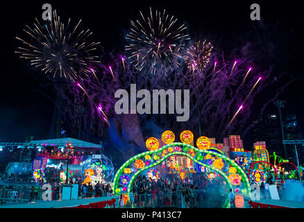 Fireworks during the lanterns at River Hongbao celebration in Singapore Stock Photo