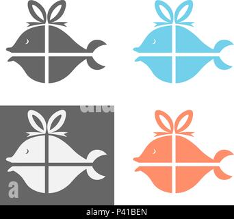 silhouette of fish in the package, gift ribbon fish minimalist restaurant logo, shop Stock Vector