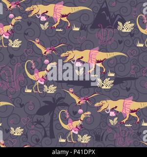 The original seamless pattern with dinosaur princesses Stock Vector