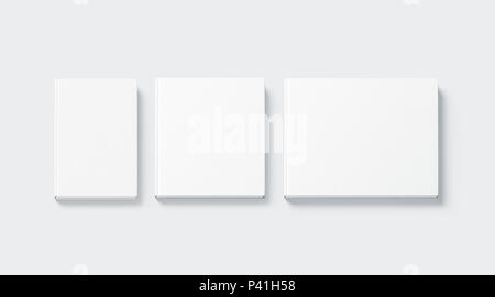 Blank white square and rectangular hardback books mock up, top view, 3d rendering. Empty notebooks hard cover mockups, isolated. Bookstore booklet branding template. Stock Photo