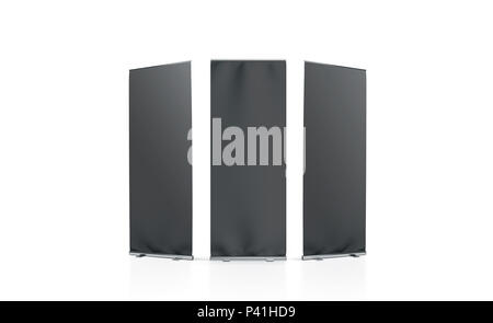 Blank black roll-up banner front, left and right side mockup, isolated, 3d rendering. Clear rollup baner design mock up. Empty roller sign board template stand. Stock Photo