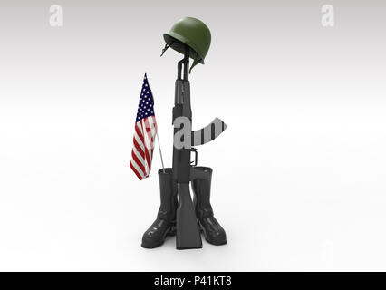 Fallen soldier tribute, helmet, gun, boots and flag, 3d render Stock Photo