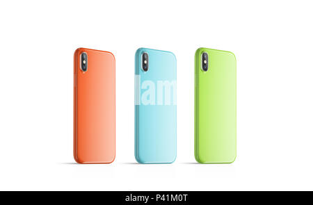 Blank coloured phone cases mock ups, stand left side isolated, Empty colorful smartphone side view cover mockup ready for logo or pattern print presentation. Cellphone protector cover concept. Stock Photo