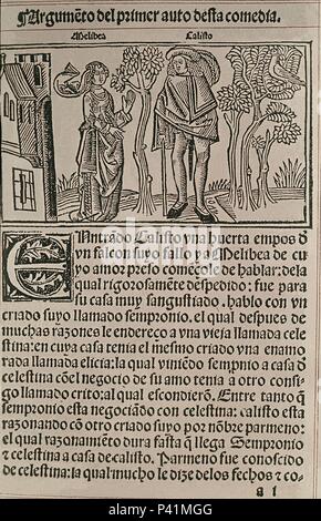 PORTADA DE LA CELESTINA - CALISTO Y MELIBEA EN EL PRINCIPIO DEL ACTO 1 - BURGOS, 1499. Author: Fernando de Rojas (c. 1470-1541). Location: HISPANIC SOCIETY OF AMERICA, NEW YORK. Stock Photo