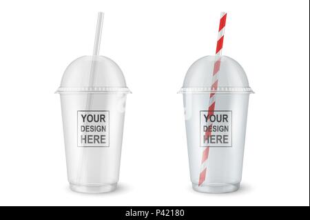 Vector realistic 3d empty clear plastic disposable cup set closeup isolated on transparency grid background. Design template of packaging mockup for graphics - milkshake, tea, fresh juice, lemonade, smoothie and other drinks. Front view Stock Vector
