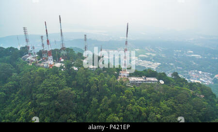 pollution of smoked cloud from wild fire in Sumatra island Indonesia cover radio and television Station on the Mountain and all southern of Thailand. Stock Photo