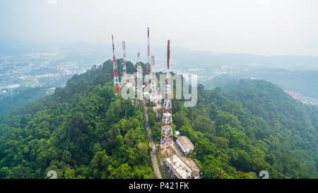 pollution of smoked cloud from wild fire in Sumatra island Indonesia cover radio and television Station on the Mountain and all southern of Thailand. Stock Photo