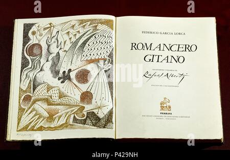 Flyleaf of 'romancero Gitan' by the Spanish poet Federico Garcia Lorca (1898-1936).. Drawings by Rafael Alberti. Author: Federico García Lorca (1898-1936). Stock Photo
