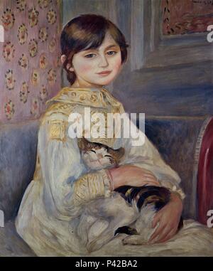 Julie Manet with Cat - 1887 - 65x54 cm - oil on canvas. Author: Pierre Auguste Renoir (1841-1919). Location: PRIVATE COLLECTION, FRANCE. Also known as: JULIE MANET CON SU GATO. Stock Photo