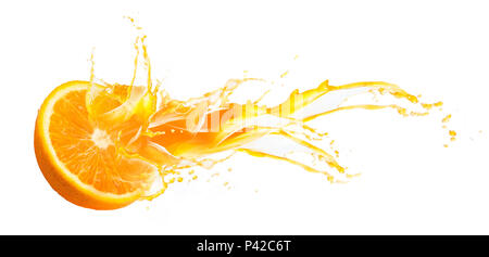 Collection of Fresh half of ripe orange fruit floation with orange juice splash, isolated on white background Stock Photo