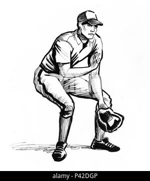 Ink black and white drawing of a baseball player Stock Photo - Alamy